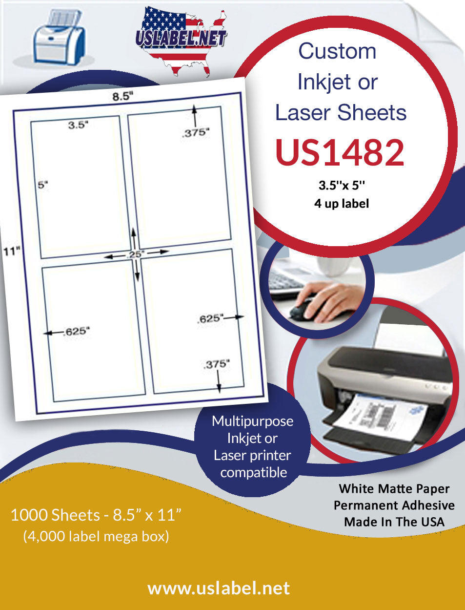 8.5 x 11 (1 Up), Adhesive Label Paper, 1,000 Sheets per Carton